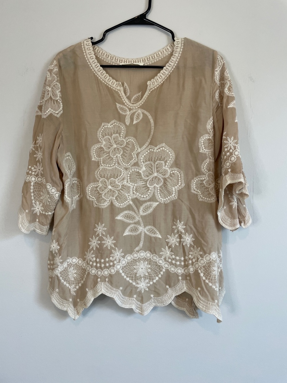 Solitaire Beige Embroidered Floral Women’s Top - Lightweight Boho Tunic